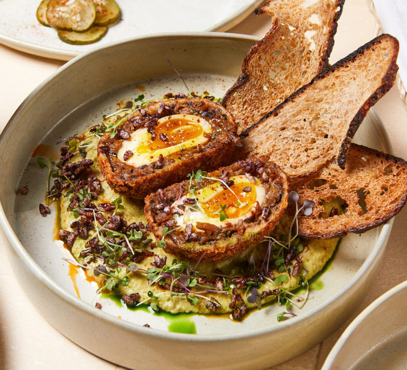 Mushroom Scotch Egg with Eggplant and Mung Bean Hummus (V)