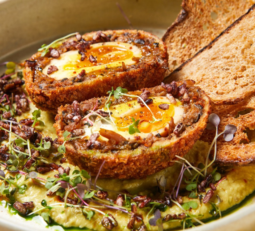 Mushroom Scotch Egg with Eggplant and Mung Bean Hummus (V)